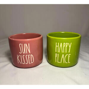 Rae Dunn Set of 2 Ceramic Planters SUN KISSED HAPPY PLACE Stoneware Pots